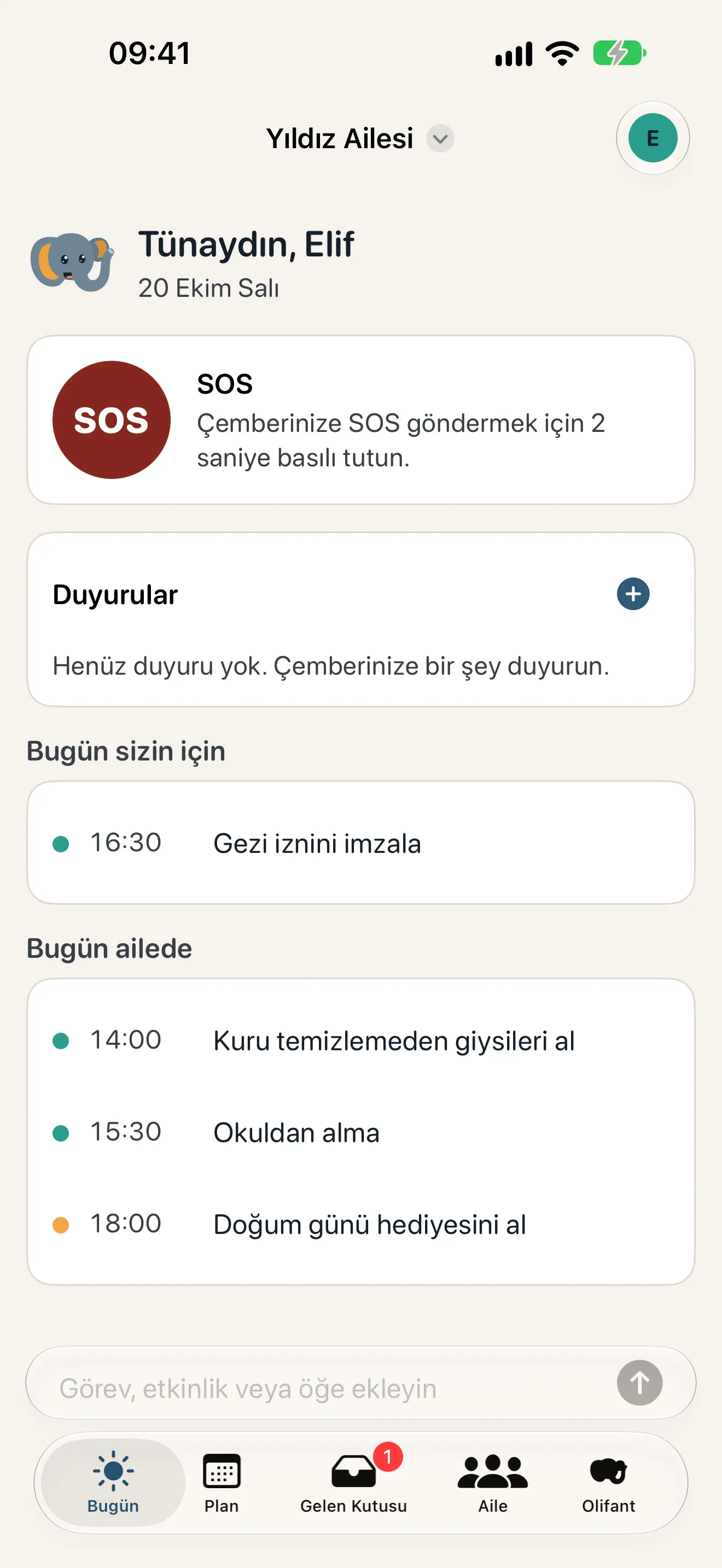 Olifant'ın Bugün sekmesi: SOS düğmesi, bugünün görevleri ve ailenin günlük planları