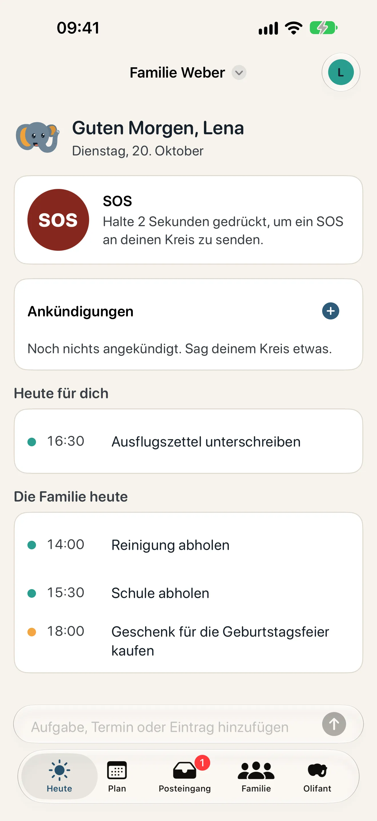 Der Heute-Tab von Olifant mit der SOS-Taste, den Aufgaben für heute und den Terminen der Familie