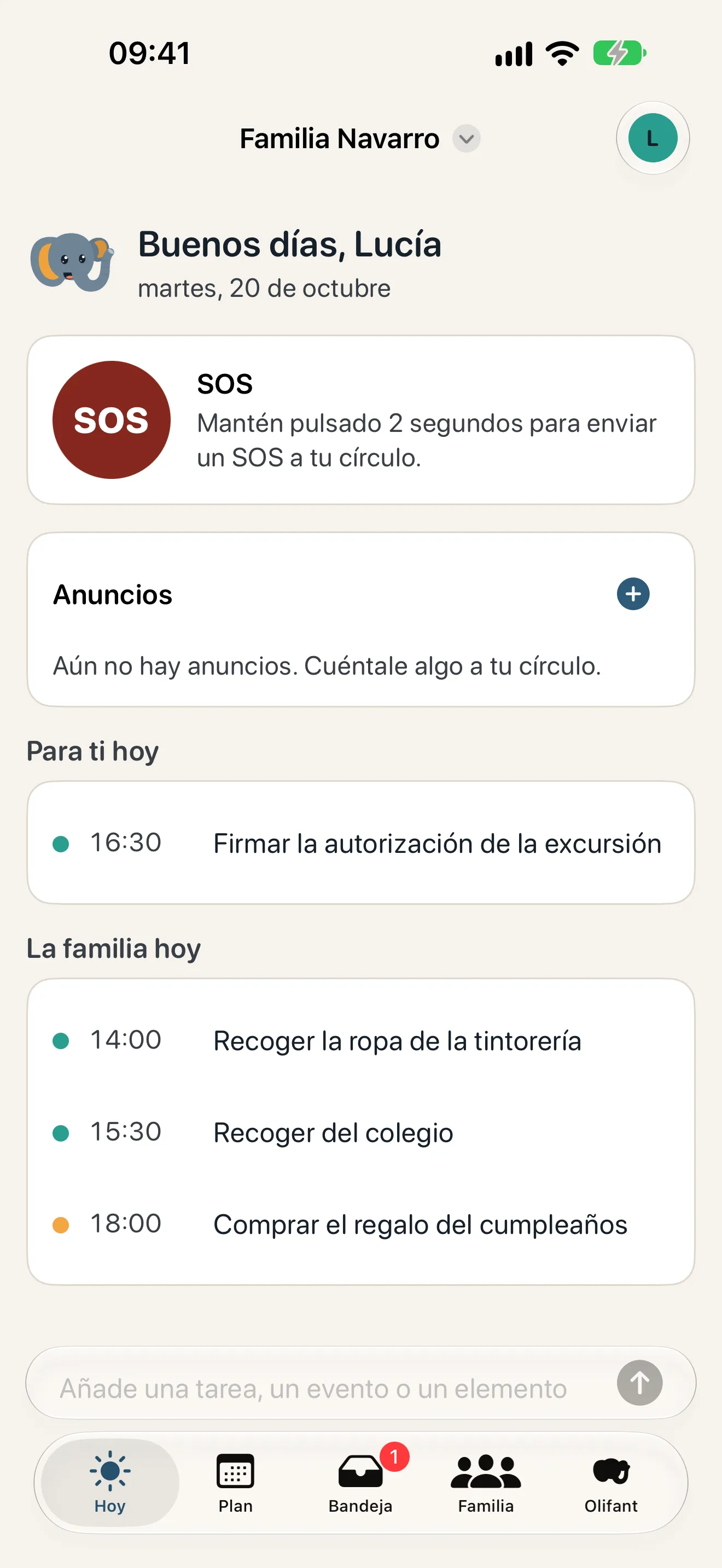 La pestaña Hoy de Olifant con el botón SOS, las tareas de hoy y los planes de la familia