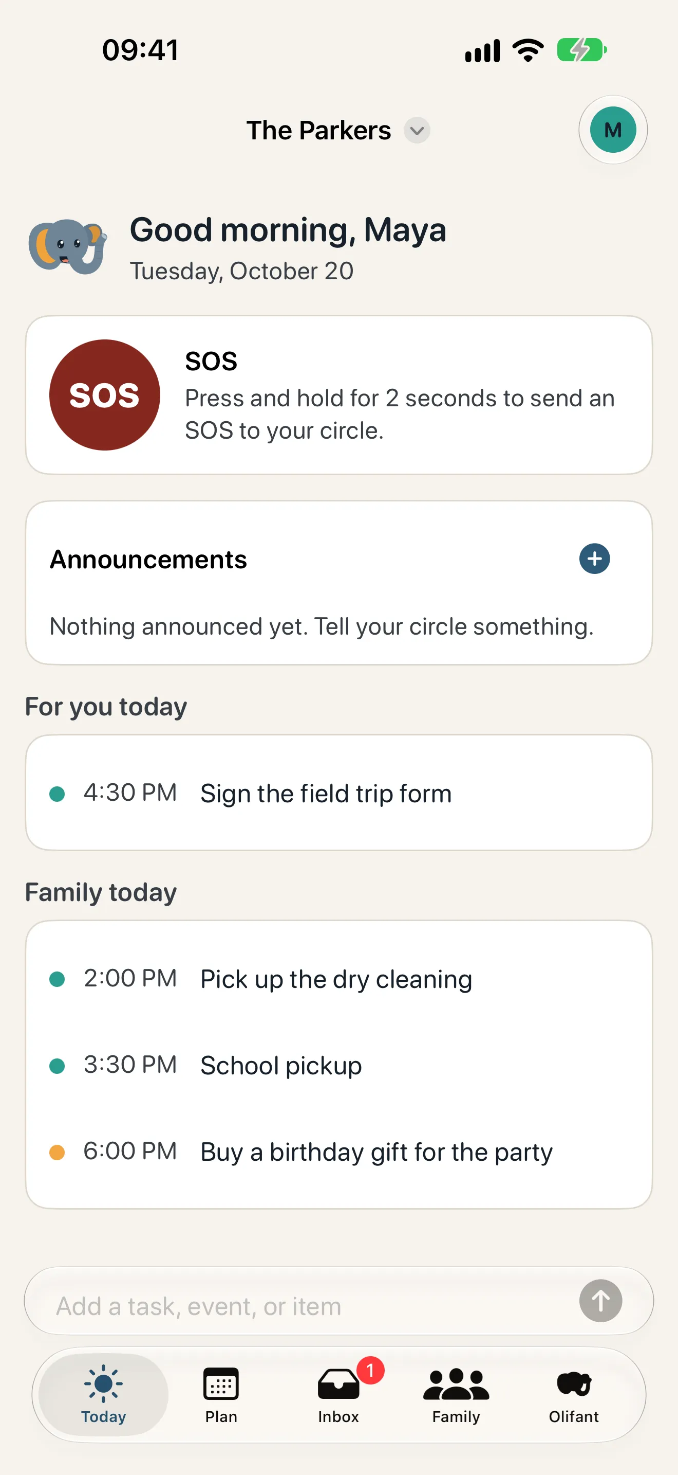 Olifant's Today screen with the SOS button, today's to-dos and the family's plans for the day