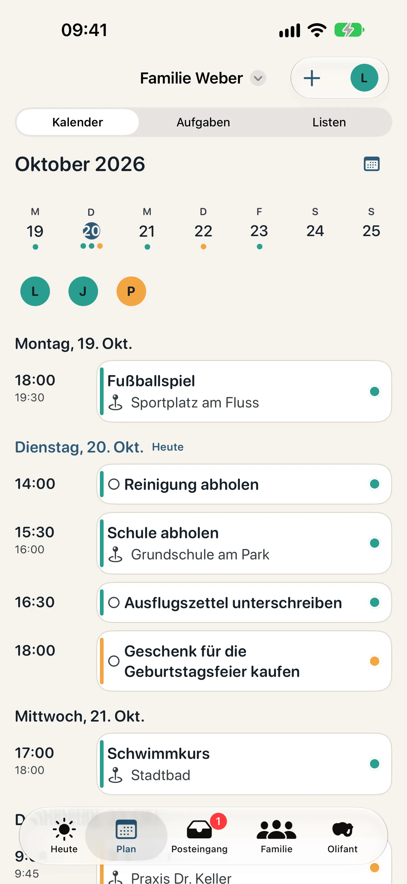 Der Kalender von Olifant für eine Oktoberwoche mit Bibliotheksbesuch, Fußballspiel und Abholung von der Schule