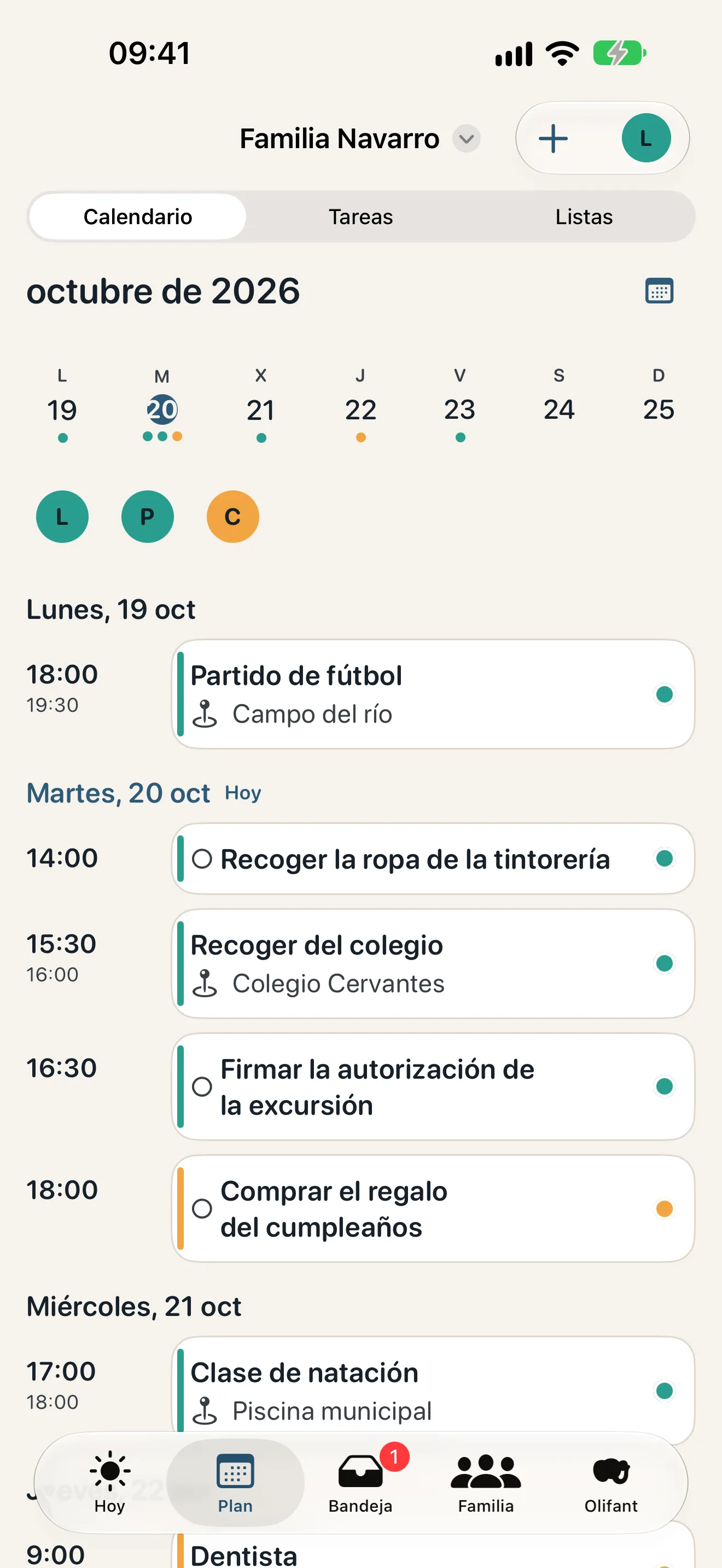 El calendario de Olifant de una semana de octubre con una visita a la biblioteca, un partido de fútbol y la recogida del cole