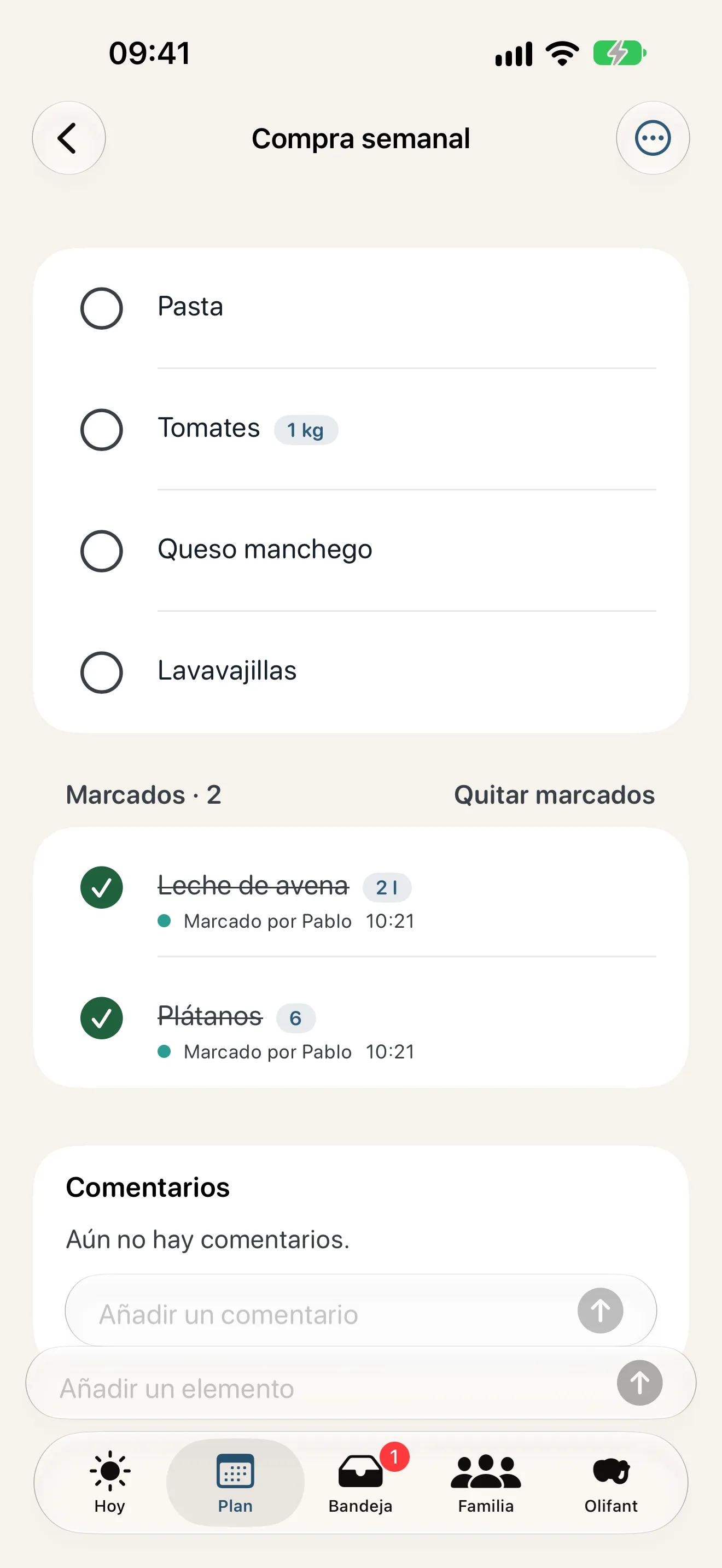 Una lista de la compra compartida en Olifant con dos elementos marcados