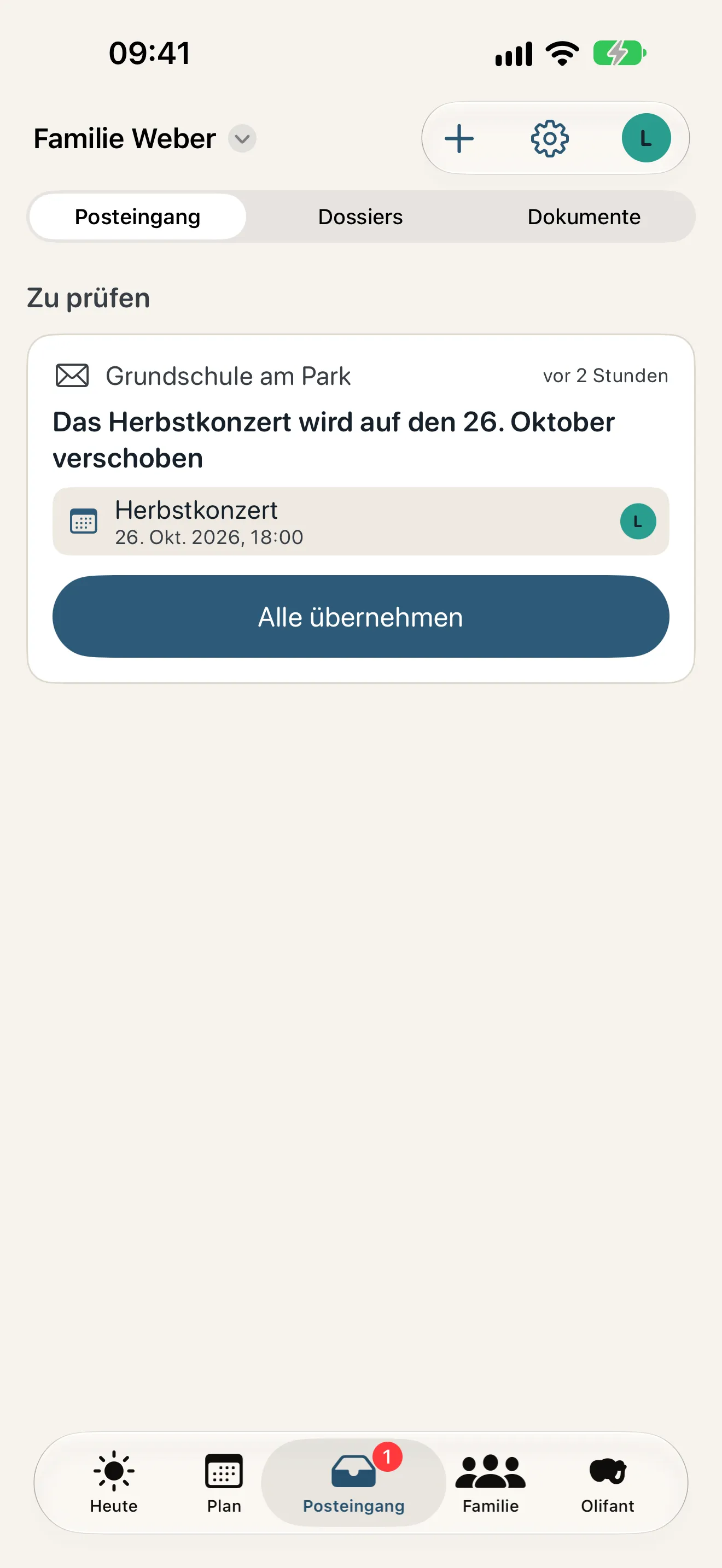 Der Posteingang von Olifant mit einer Schul-E-Mail und einem vorgeschlagenen Termin, der auf Bestätigung wartet