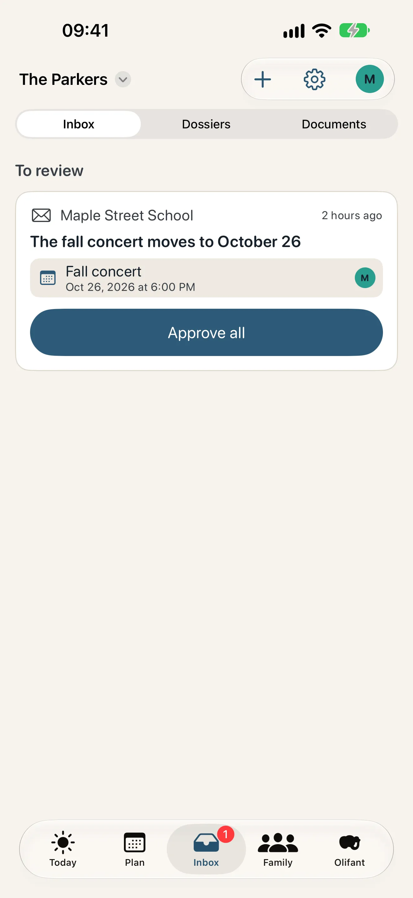 The Olifant inbox with a school email and a proposed calendar event waiting for approval