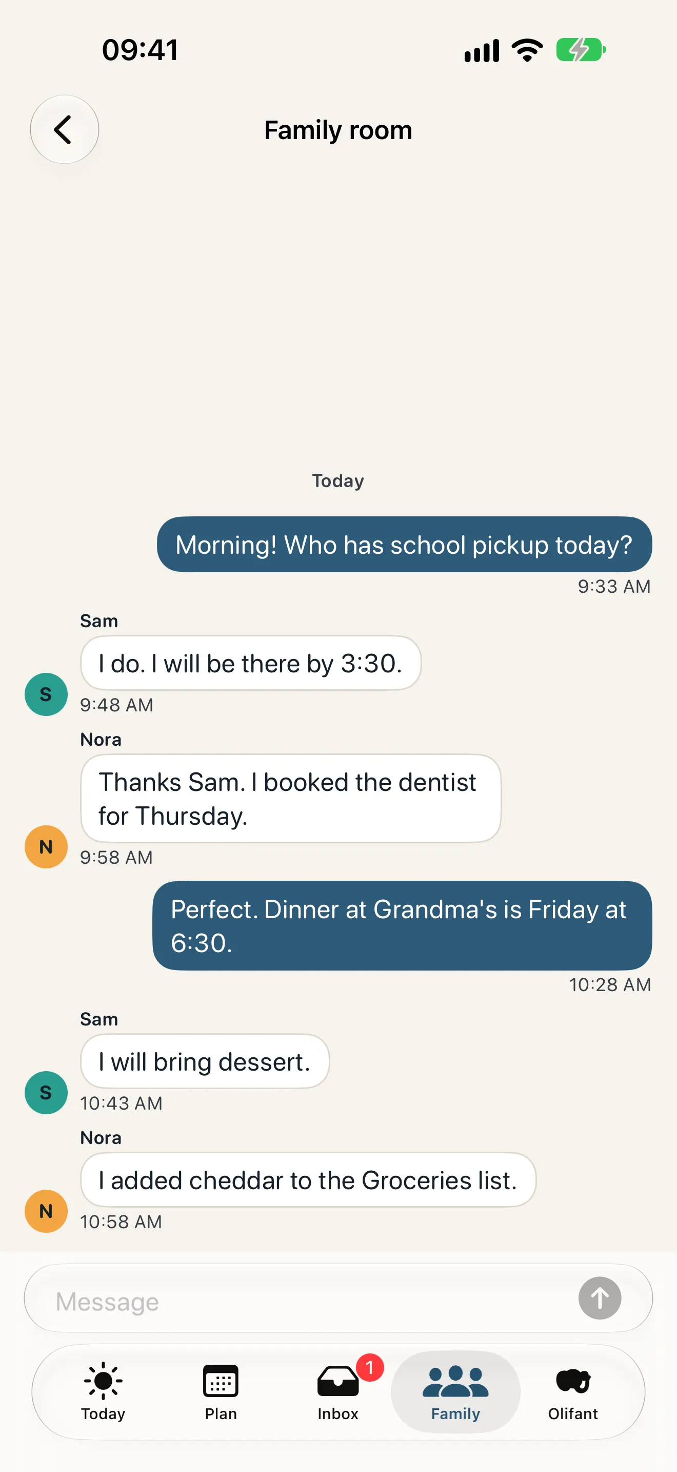 The Olifant family room with messages about the school pickup, a dentist visit and dinner at Grandma's