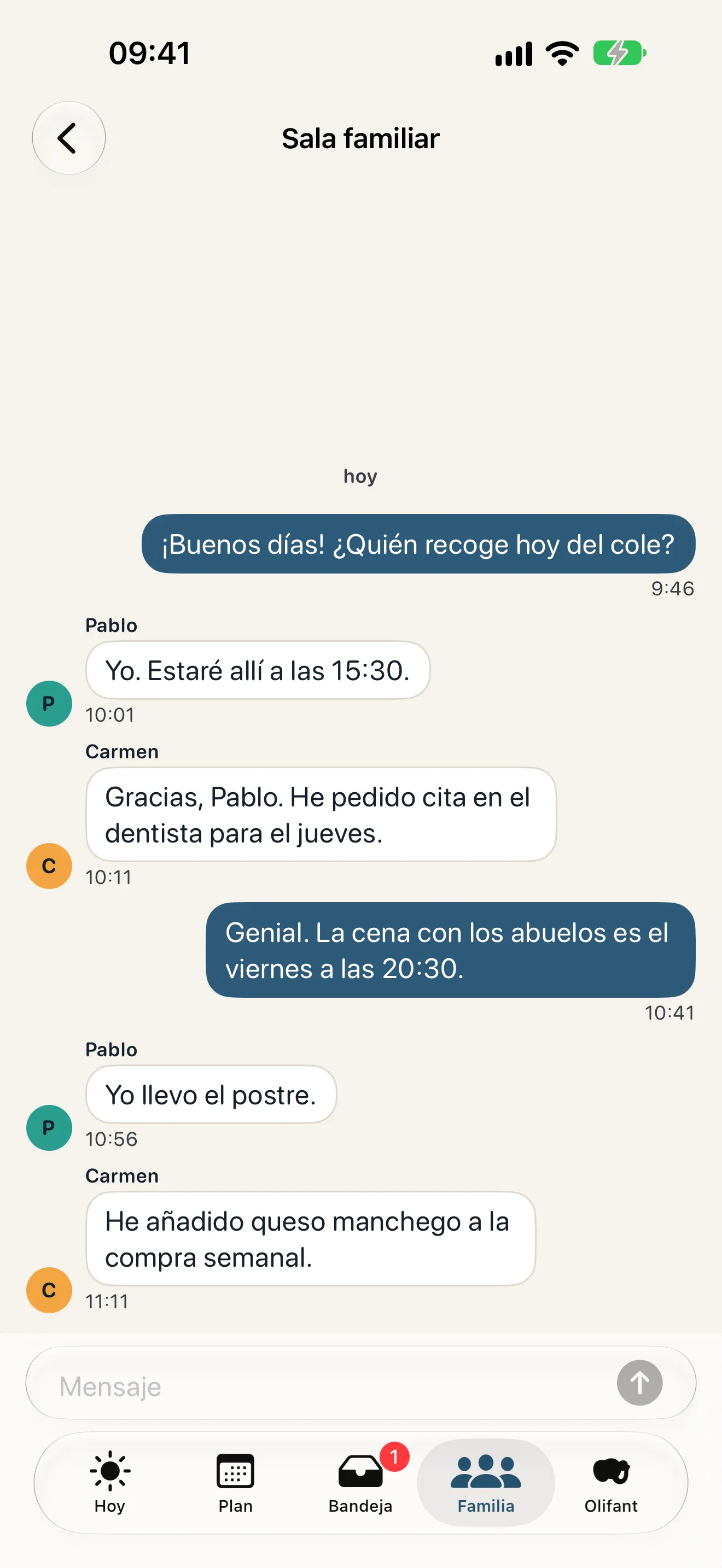 El chat familiar de Olifant con mensajes sobre la recogida del cole, una cita con el dentista y la cena en casa de la abuela